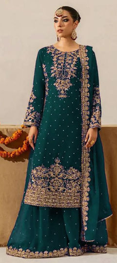 Blue color Salwar Kameez in Faux Georgette fabric with Moti, Sequence work