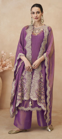Purple and Violet color Salwar Kameez in Shimmer fabric with Bugle Beads, Cut Dana, Embroidered, Resham, Thread, Zari work