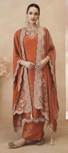 Beige and Brown color Salwar Kameez in Shimmer fabric with Bugle Beads, Cut Dana, Embroidered, Resham, Thread, Zari work