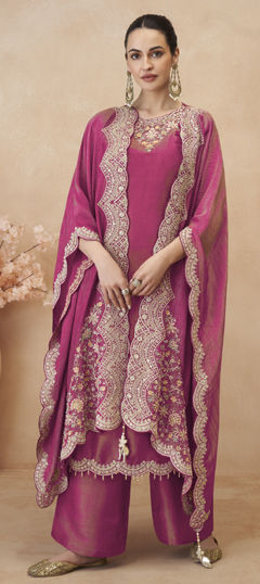 Pink and Majenta color Salwar Kameez in Shimmer fabric with Bugle Beads, Cut Dana, Embroidered, Resham, Thread, Zari work