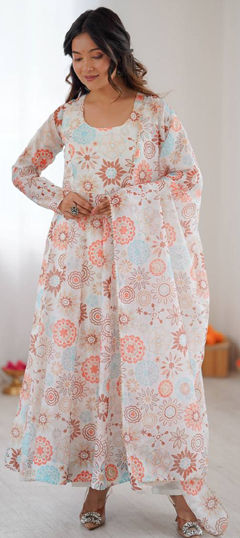 Multicolor color Salwar Kameez in Organza Silk fabric with Floral, Printed work