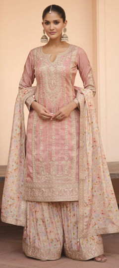 Pink and Majenta color Salwar Kameez in Shimmer fabric with Embroidered, Thread work