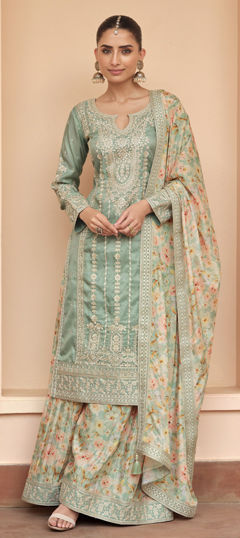 Green color Salwar Kameez in Shimmer fabric with Embroidered, Thread work