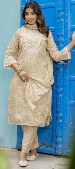 Beige and Brown color Salwar Kameez in Chanderi Silk fabric with Embroidered, Thread work