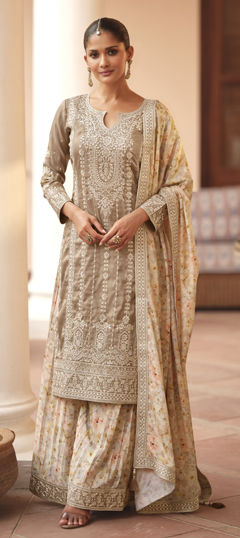 Beige and Brown color Salwar Kameez in Shimmer fabric with Embroidered, Thread work