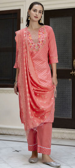 Pink and Majenta color Salwar Kameez in Chanderi Silk fabric with Embroidered, Thread work