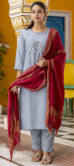 Blue color Salwar Kameez in Blended, Silk fabric with Embroidered, Thread work
