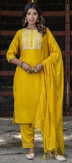 Yellow color Salwar Kameez in Chinon Silk fabric with Embroidered, Thread work