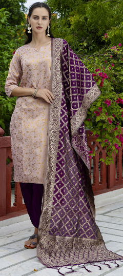 Pink and Majenta color Salwar Kameez in Silk cotton fabric with Weaving work
