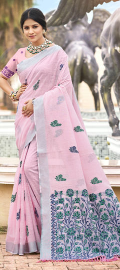 Purple and Violet color Saree in Linen fabric with Weaving work