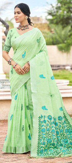 Green color Saree in Linen fabric with Weaving work
