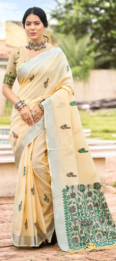 Pink and Majenta color Saree in Linen fabric with Weaving work