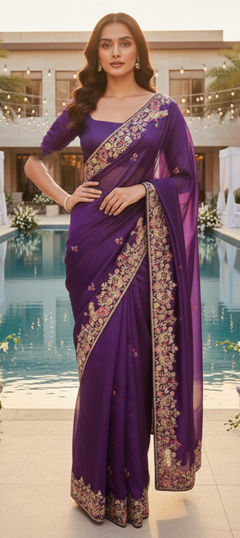 Purple and Violet color Saree in Chinon Silk fabric with Embroidered, Sequence work