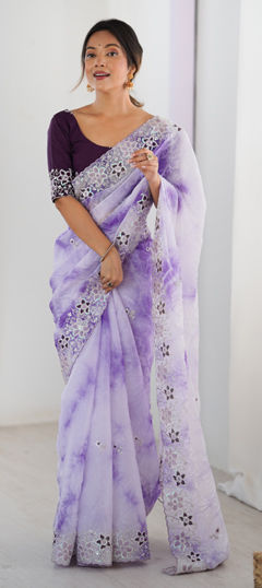 Purple and Violet color Saree in Tissue fabric with Embroidered, Printed, Sequence work
