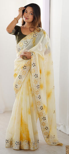 Yellow color Saree in Tissue fabric with Embroidered, Printed, Sequence work