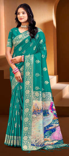 Green color Saree in Art Silk fabric with Weaving work