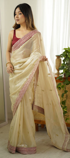Beige and Brown color Saree in Chinon Silk fabric with Embroidered, Printed, Sequence work