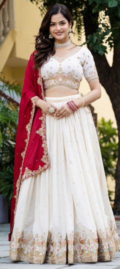 White and Off White color Lehenga in Silk fabric with Embroidered, Sequence, Thread work