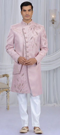 Pink and Majenta color IndoWestern Dress in Art Silk fabric with Bugle Beads, Cut Dana, Sequence work