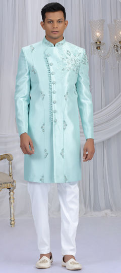 Green color IndoWestern Dress in Art Silk fabric with Bugle Beads, Cut Dana, Sequence work