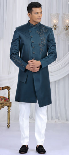 Blue color IndoWestern Dress in Art Silk fabric with Bugle Beads, Cut Dana, Sequence work