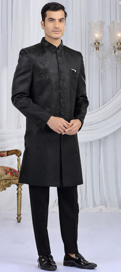 Black and Grey color Sherwani in Art Silk fabric with Bugle Beads, Cut Dana, Sequence work
