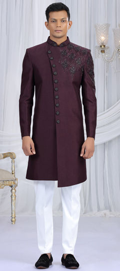 Purple and Violet color Sherwani in Art Silk fabric with Bugle Beads, Cut Dana, Sequence work