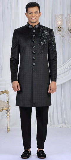 Black and Grey color Sherwani in Velvet fabric with Bugle Beads, Cut Dana, Sequence work