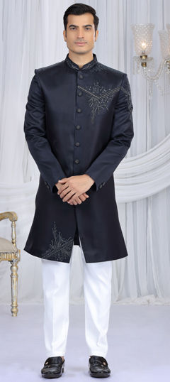 Blue color Sherwani in Art Silk fabric with Bugle Beads, Cut Dana, Sequence work