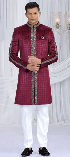 Purple and Violet color Sherwani in Velvet fabric with Bugle Beads, Cut Dana, Sequence work