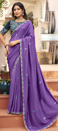 Purple and Violet color Saree in Silk fabric with Embroidered, Resham, Sequence, Thread work