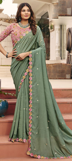 Green color Saree in Silk fabric with Embroidered, Resham, Sequence, Thread work
