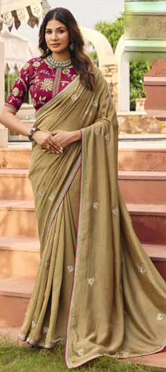 Beige and Brown color Saree in Silk fabric with Embroidered, Resham, Sequence, Thread work