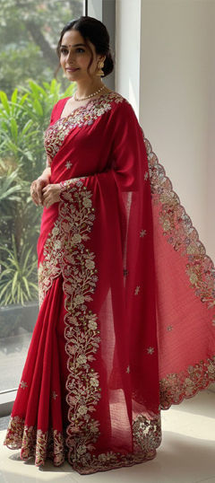 Pink and Majenta color Saree in Chiffon fabric with Border, Embroidered work