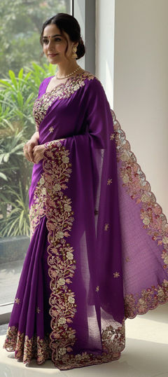 Purple and Violet color Saree in Chiffon fabric with Border, Embroidered work