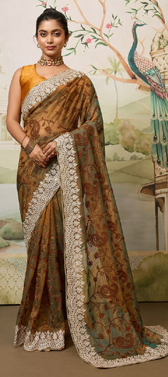 Beige and Brown color Saree in Net fabric with Embroidered work
