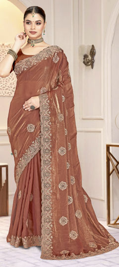 Gold color Saree in Satin Silk fabric with Embroidered, Zircon work