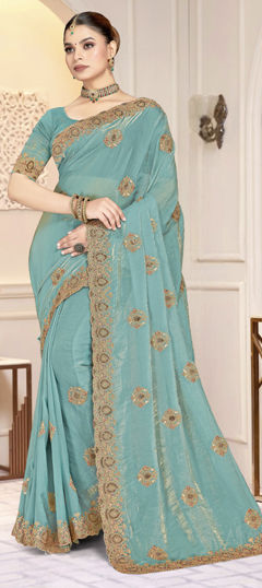 Blue color Saree in Satin Silk fabric with Embroidered, Zircon work