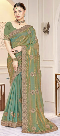 Blue color Saree in Satin Silk fabric with Embroidered, Zircon work