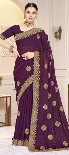 Pink and Majenta color Saree in Satin Silk fabric with Embroidered, Zircon work