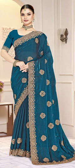 Blue color Saree in Satin Silk fabric with Embroidered, Zircon work