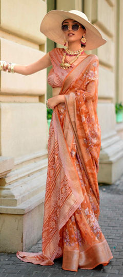 Orange color Saree in Georgette fabric with Floral, Printed work