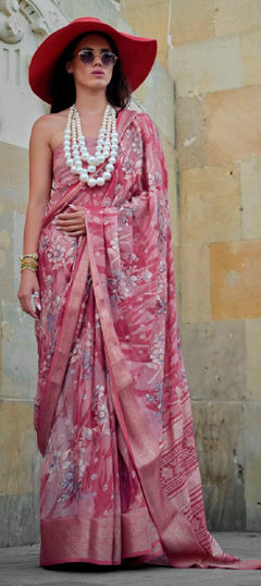 Pink and Majenta color Saree in Georgette fabric with Floral, Printed work
