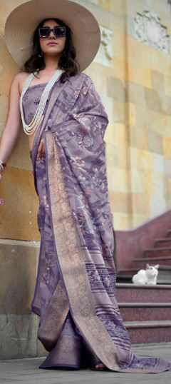 Purple and Violet color Saree in Georgette fabric with Floral, Printed work