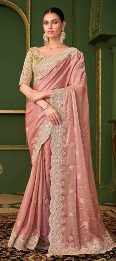 Pink and Majenta color Saree in Georgette fabric with Embroidered, Sequence, Thread work