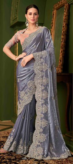 Black and Grey color Saree in Georgette fabric with Embroidered, Sequence, Thread work