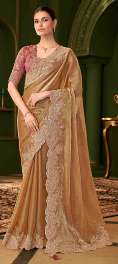 Beige and Brown color Saree in Chiffon fabric with Embroidered, Sequence, Thread work