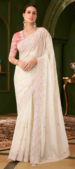 White and Off White color Saree in Georgette fabric with Embroidered, Sequence, Thread work