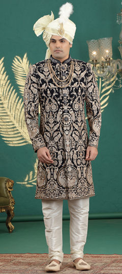 Black and Grey, Gold color Sherwani in Art Silk fabric with Embroidered work