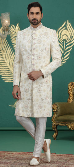White and Off White color Sherwani in Art Silk fabric with Embroidered work